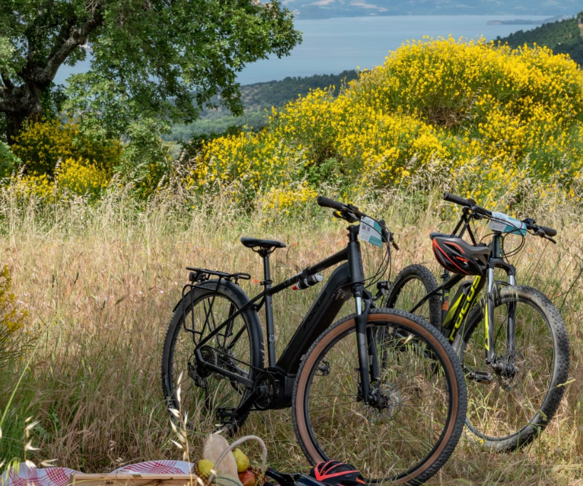 E-bike nel prato con vista sul Lago di Bolsena
