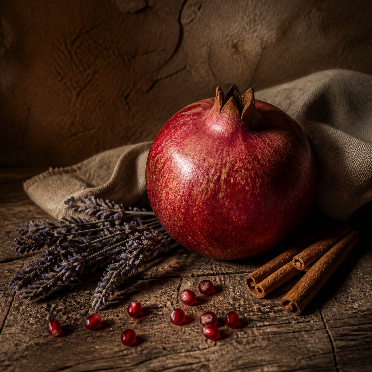 Melograno rosso con lavanda e cannella su legno antico