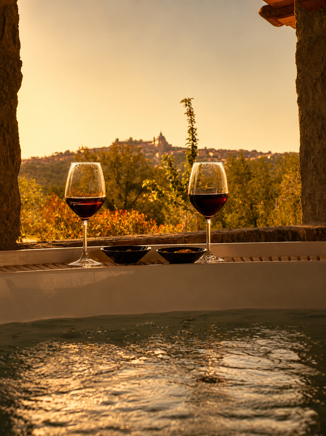 Due calici di vino accanto alla vasca idromassaggio con vista su Montefiascone